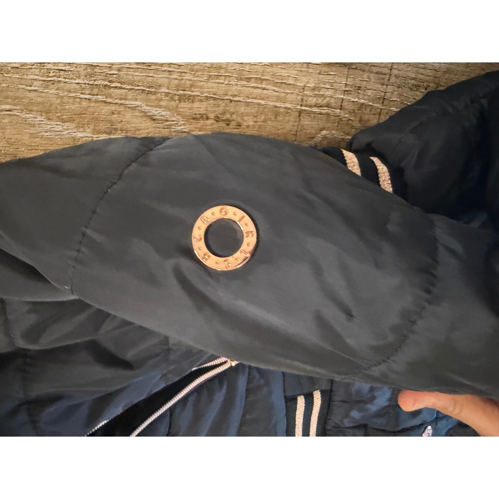 BCBG Girls Black Quilted Puffer Jacket Faux Fur Hood Rose Gold Size S Coat - Picture 6 of 9
